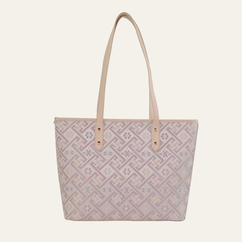 Silver Purple Wanjie Brocade-Inspired Carryall Tote Bag front view