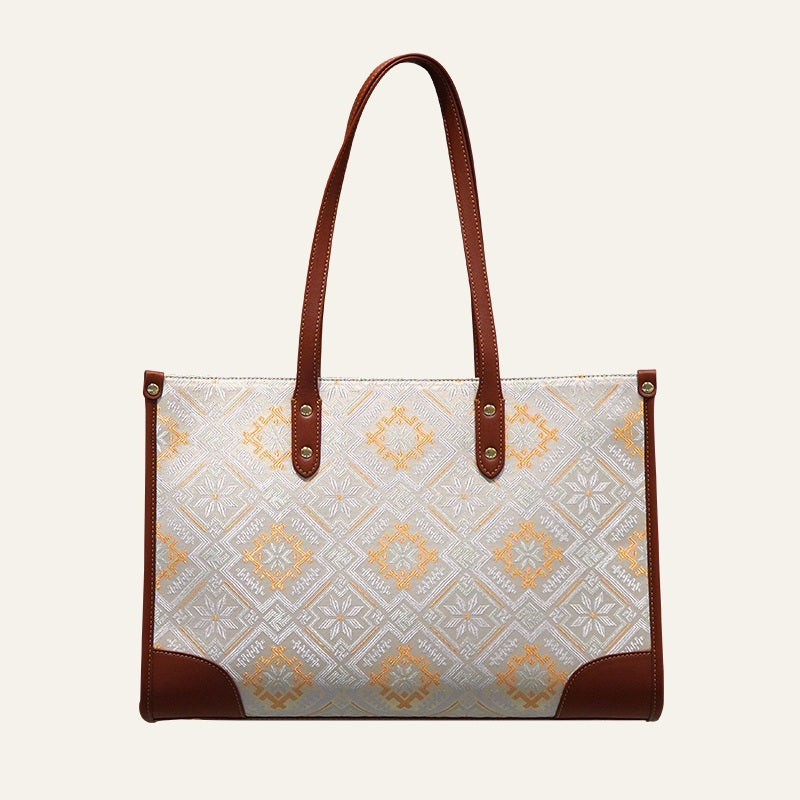 Four Swallows brocade-inspired work tote front view