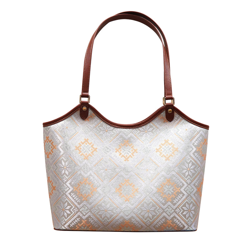 Soft White Four Swallows Brocade-Inspired Market Tote Bag front view