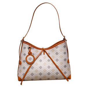 Gray White Octagonal Star Chrysanthemum Brocade-Inspired Drawstring Shoulder Bag front view