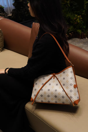 Women's Gray White Zhuang Brocade Drawstring Shoulder Bag - model image 6