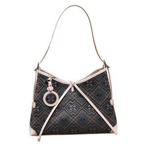 Deep Blue Butterfly Flower Brocade-Inspired Drawstring Shoulder Bag front view
