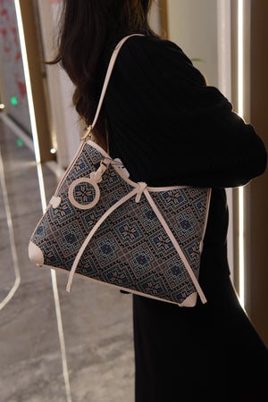 Women's Deep Blue Zhuang Brocade Drawstring Shoulder Bag - model image 4
