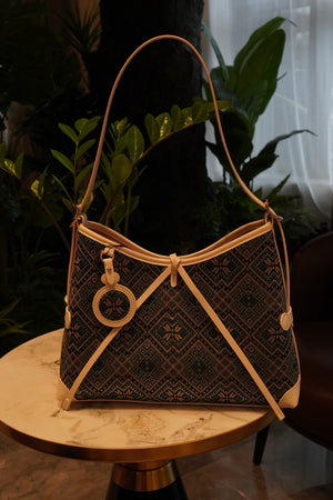 Women's Deep Blue Zhuang Brocade Drawstring Shoulder Bag - model image 8
