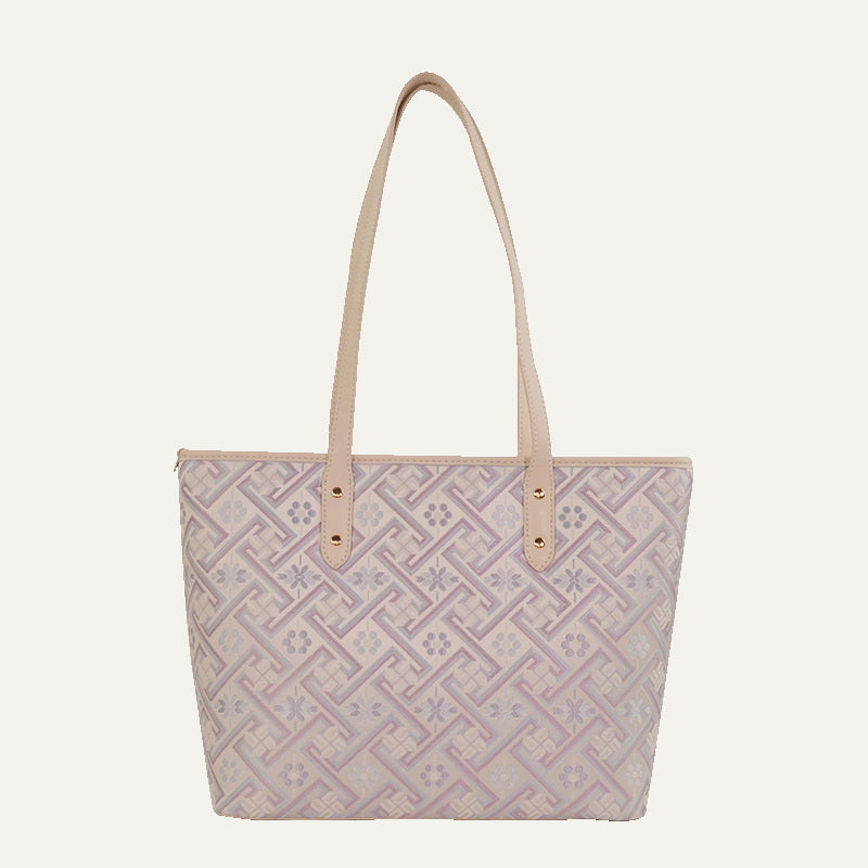 Silver purple Wanjie brocade-inspired carryall tote bag front view