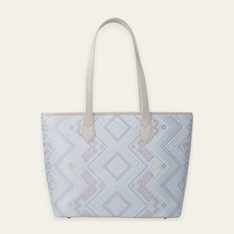 Silver purple Baina brocade-inspired tote bag front view on warm neutral background