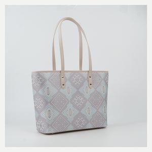Silver purple Phoenix Flower brocade-inspired tote bag front view