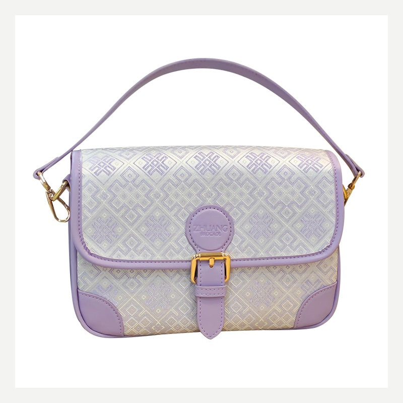Purple Harvest Song brocade-inspired baguette bag front view