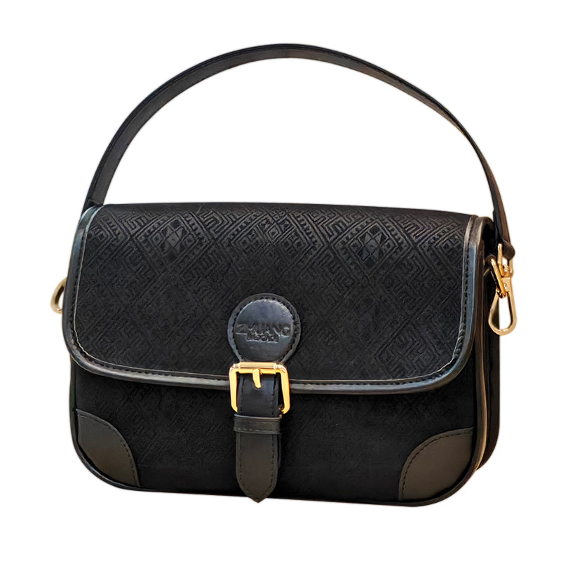 Black Double Swallow brocade-inspired baguette bag front hero view
