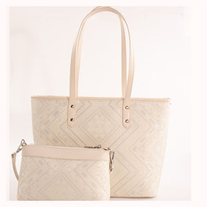 Ivory White Silver Feather brocade-inspired tote and companion bag set front view