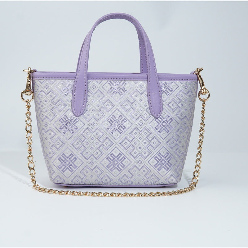 Lavender Jingtian Fengge brocade-inspired mini tote bag front view