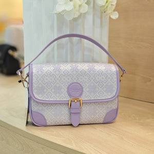 Purple brocade baguette bag detail