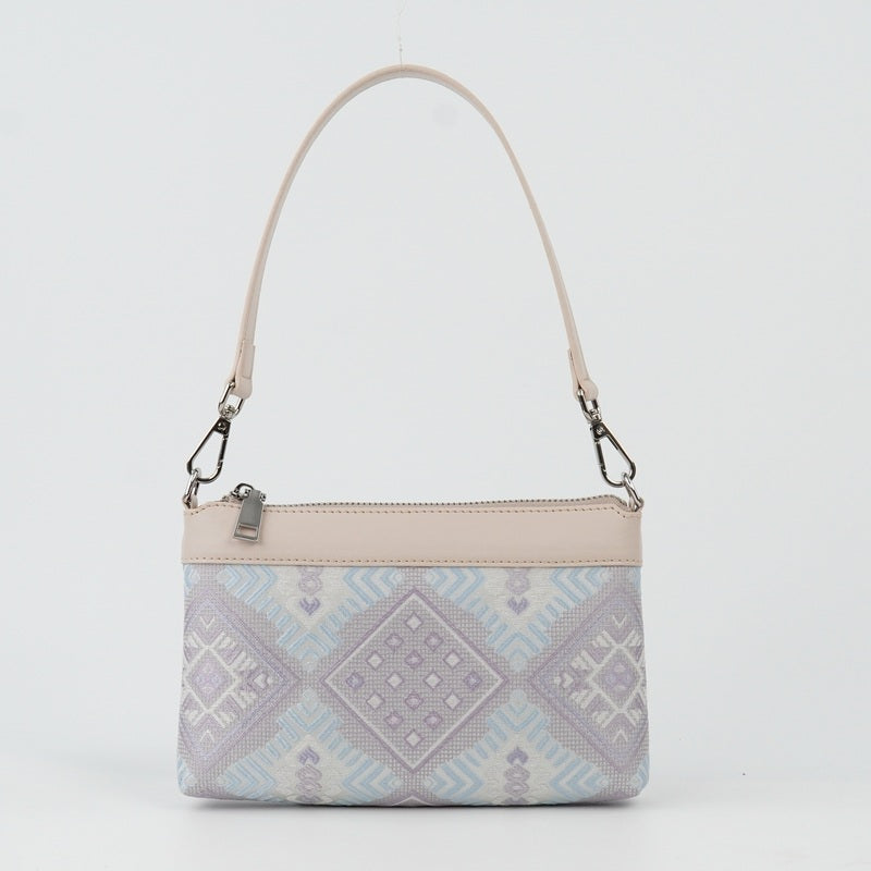 Ivory Lavender Brocade-Inspired Shoulder Bag front view