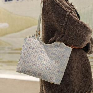 Silver White brocade tote bag detail