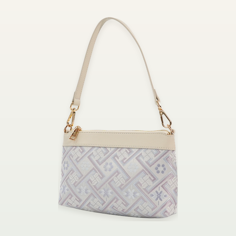 Silver lavender Wanjie brocade-inspired crossbody bag front hero view