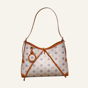 Gray white octagonal star chrysanthemum brocade-inspired drawstring shoulder bag front view on warm neutral background