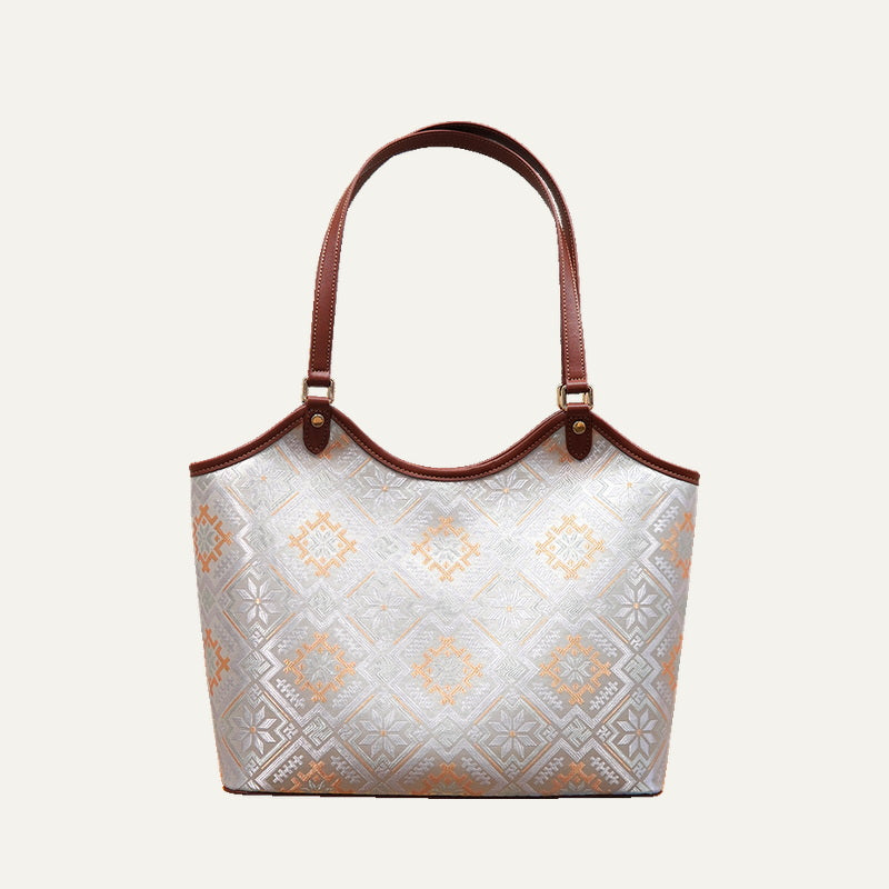Soft white Four Swallows brocade-inspired market tote bag front view