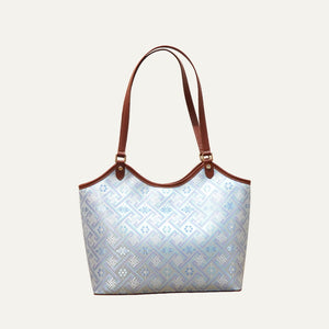 Silver white Wanjie brocade-inspired market tote bag front view on soft neutral background