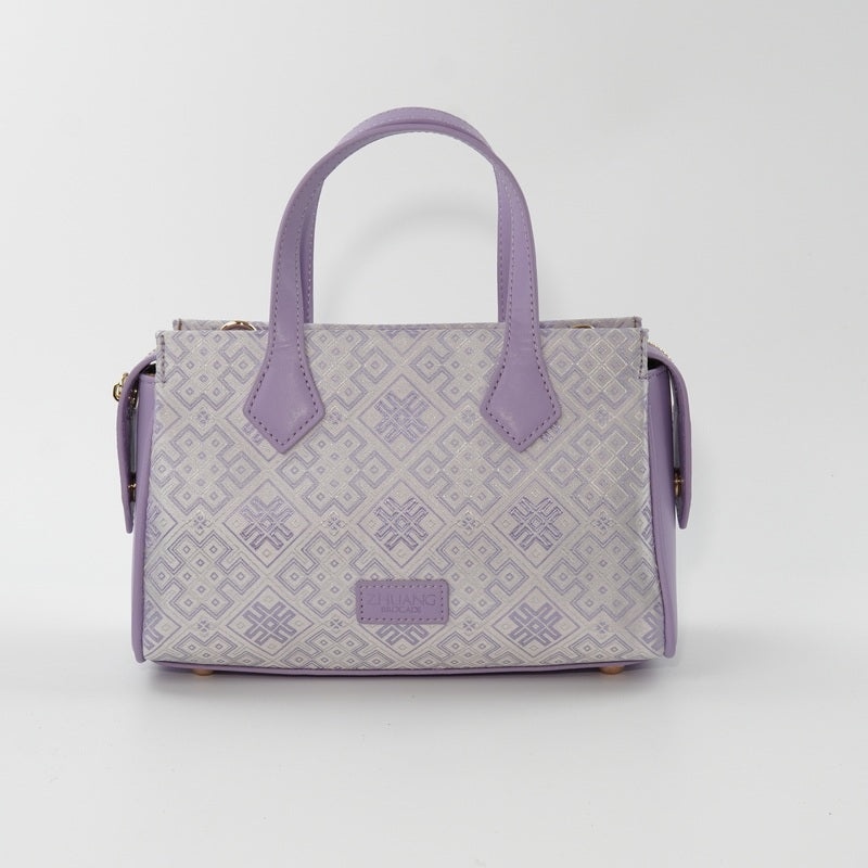 Ivory Lavender Geometric Brocade-Inspired Shoulder Bag front view