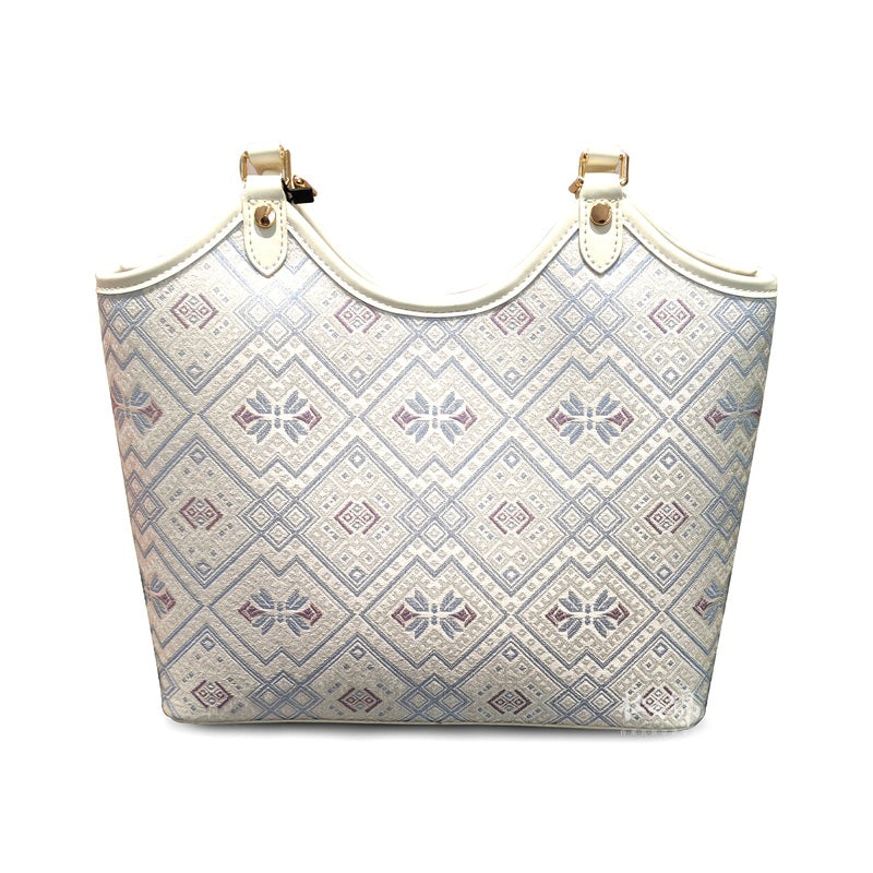 Silver White Butterfly Brocade-Inspired Tote Bag front view