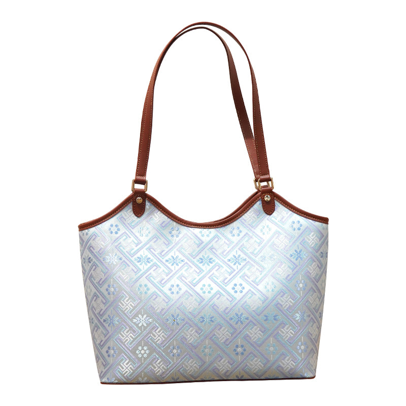 Silver White Wanjie Brocade-Inspired Market Tote Bag front view