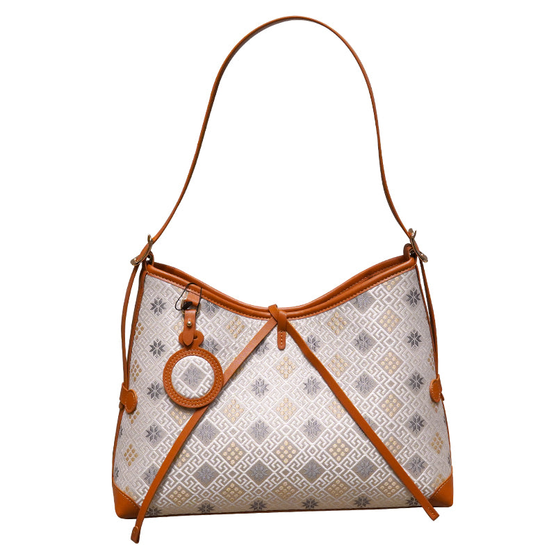 Gray White Octagonal Star Chrysanthemum Brocade-Inspired Drawstring Shoulder Bag front view