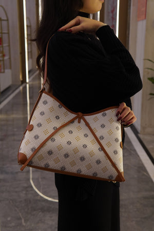 Women's Gray White Zhuang Brocade Drawstring Shoulder Bag - model image 5