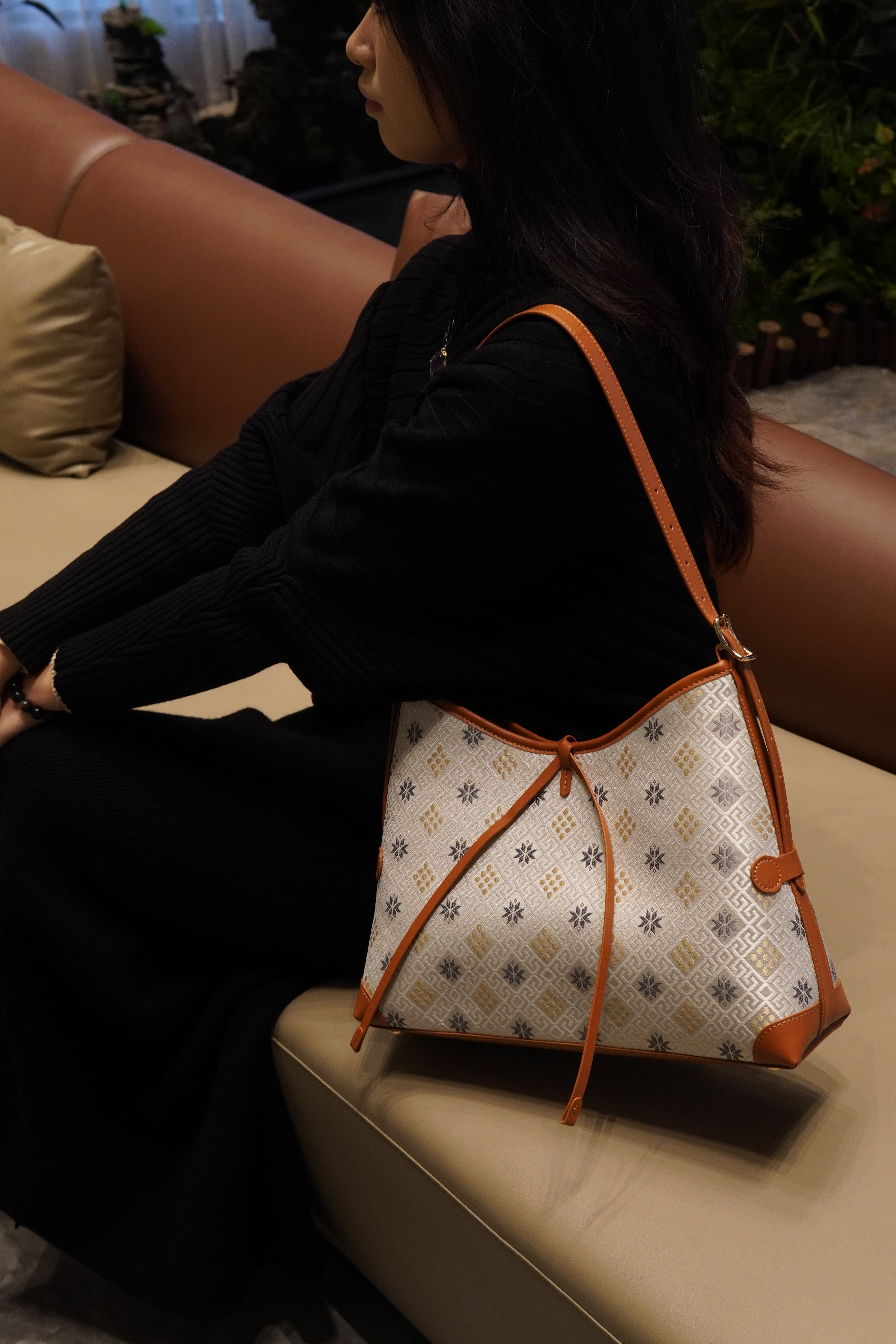 Women's Gray White Zhuang Brocade Drawstring Shoulder Bag - model image 7