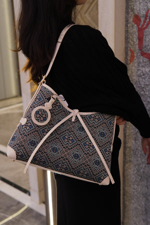 Women's Deep Blue Zhuang Brocade Drawstring Shoulder Bag - model image 2