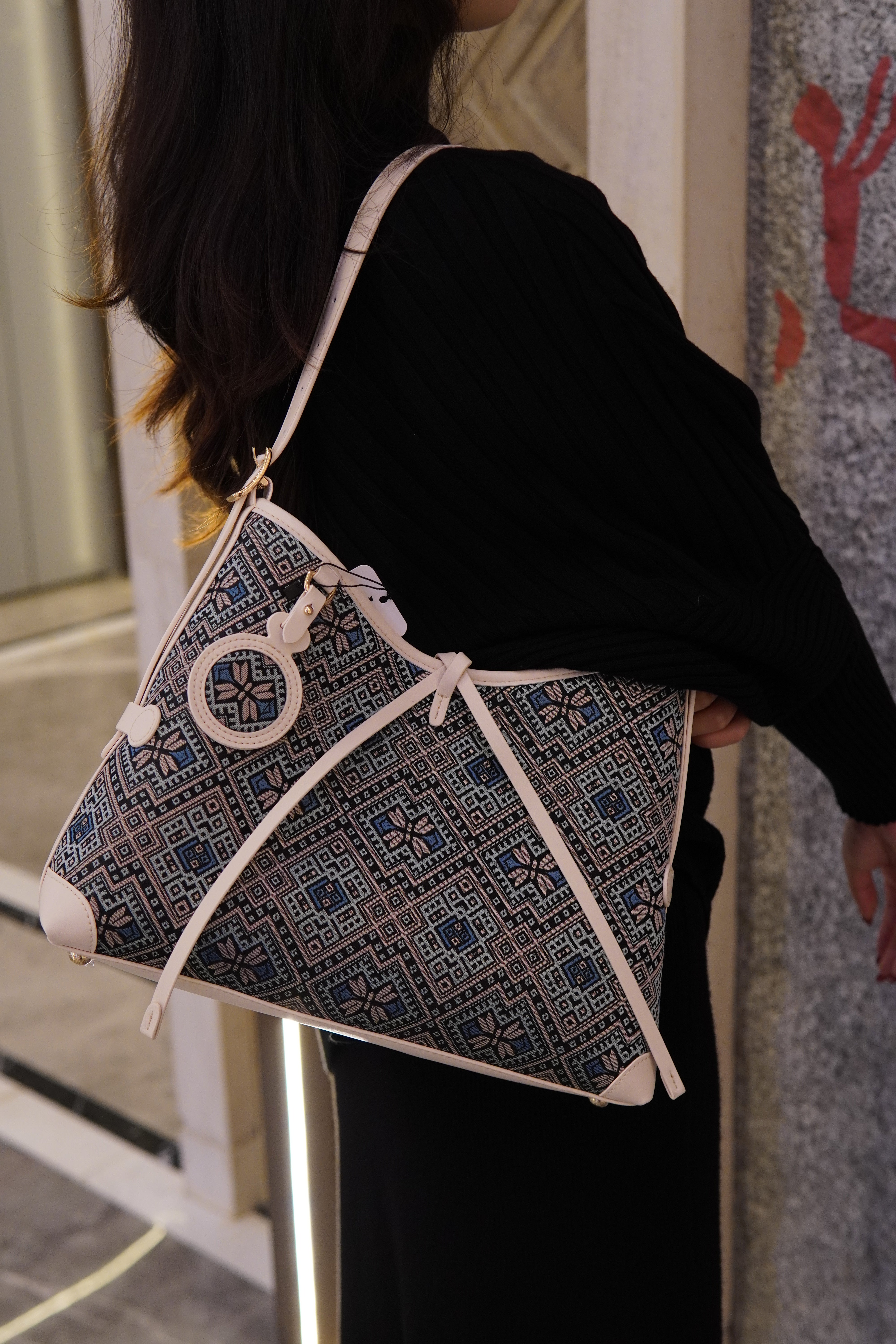 Women's Deep Blue Zhuang Brocade Drawstring Shoulder Bag - model image 2