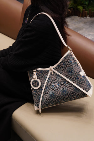 Women's Deep Blue Zhuang Brocade Drawstring Shoulder Bag - model image 5