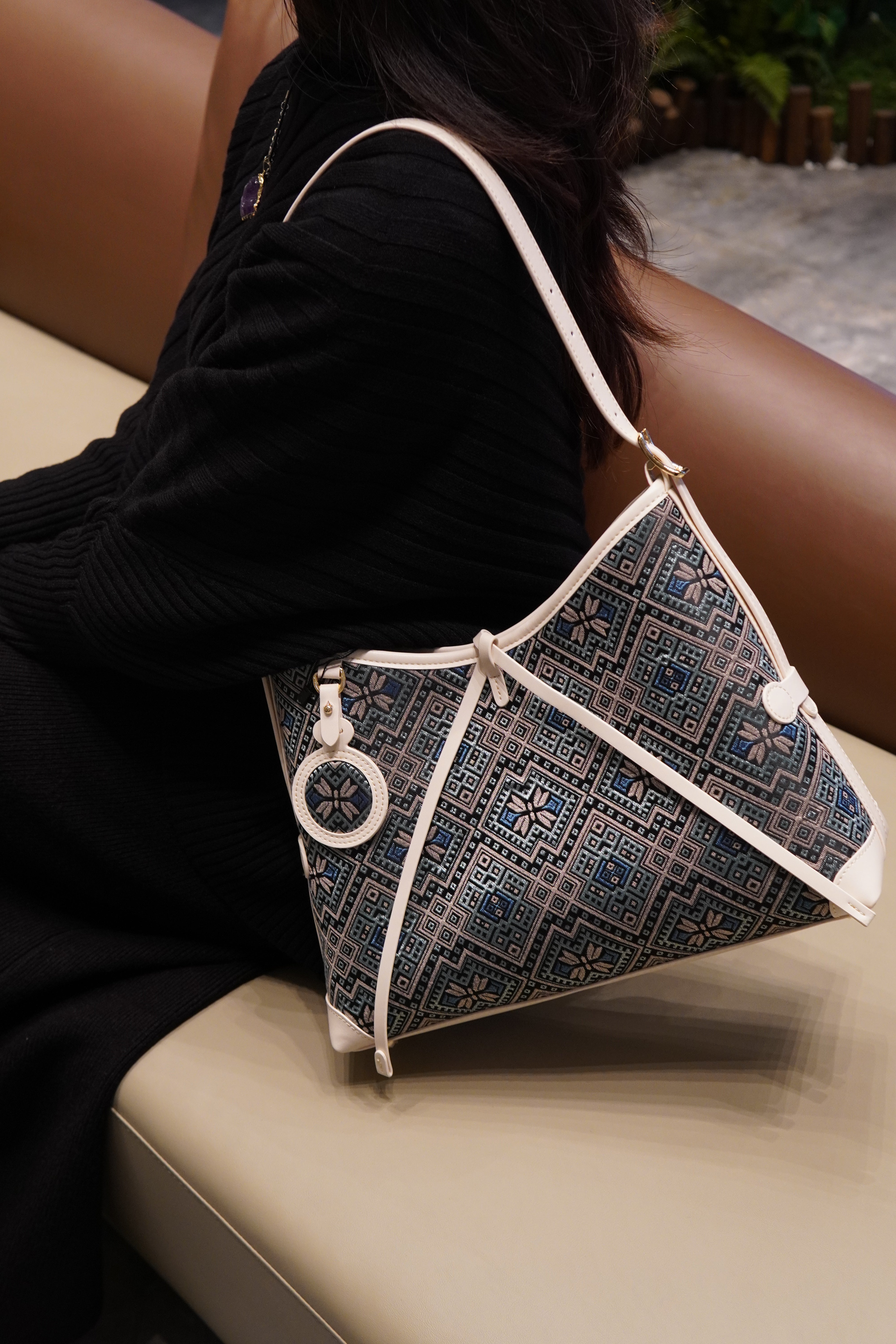 Women's Deep Blue Zhuang Brocade Drawstring Shoulder Bag - model image 5