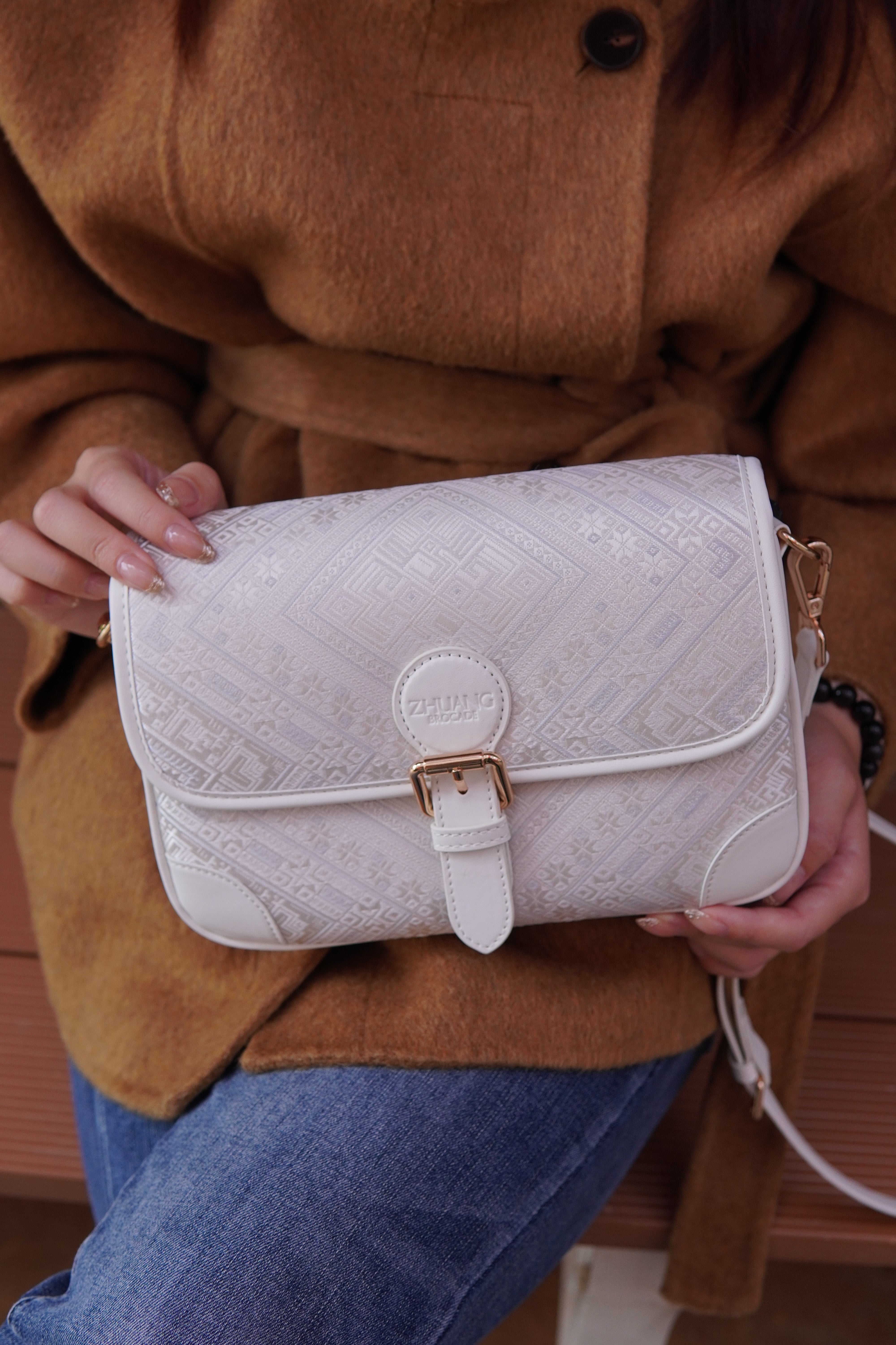 Women's Ivory White Zhuang Brocade Baguette Bag - model image 5