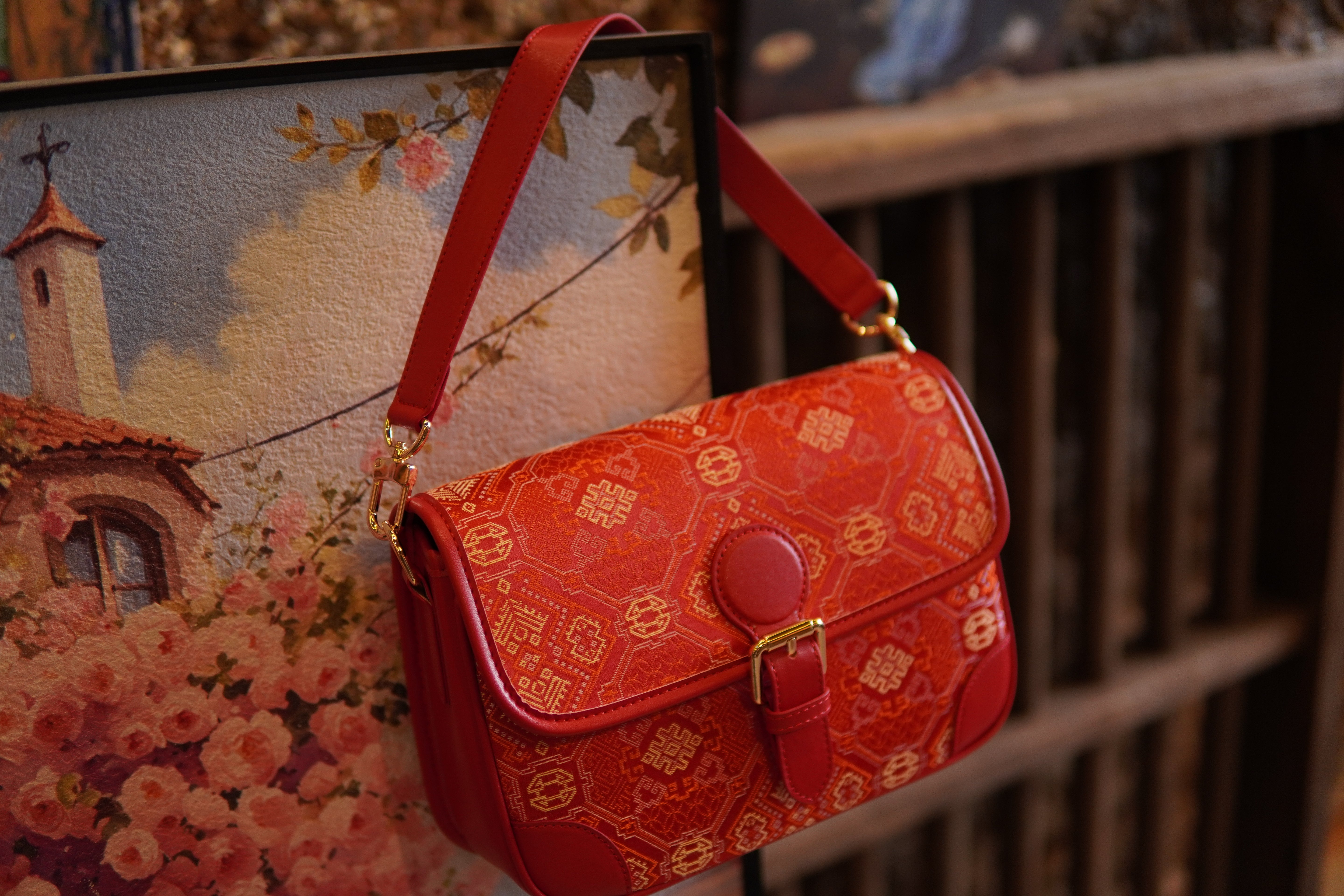 Women's Gold Zhuang Brocade Baguette Bag - model image 7
