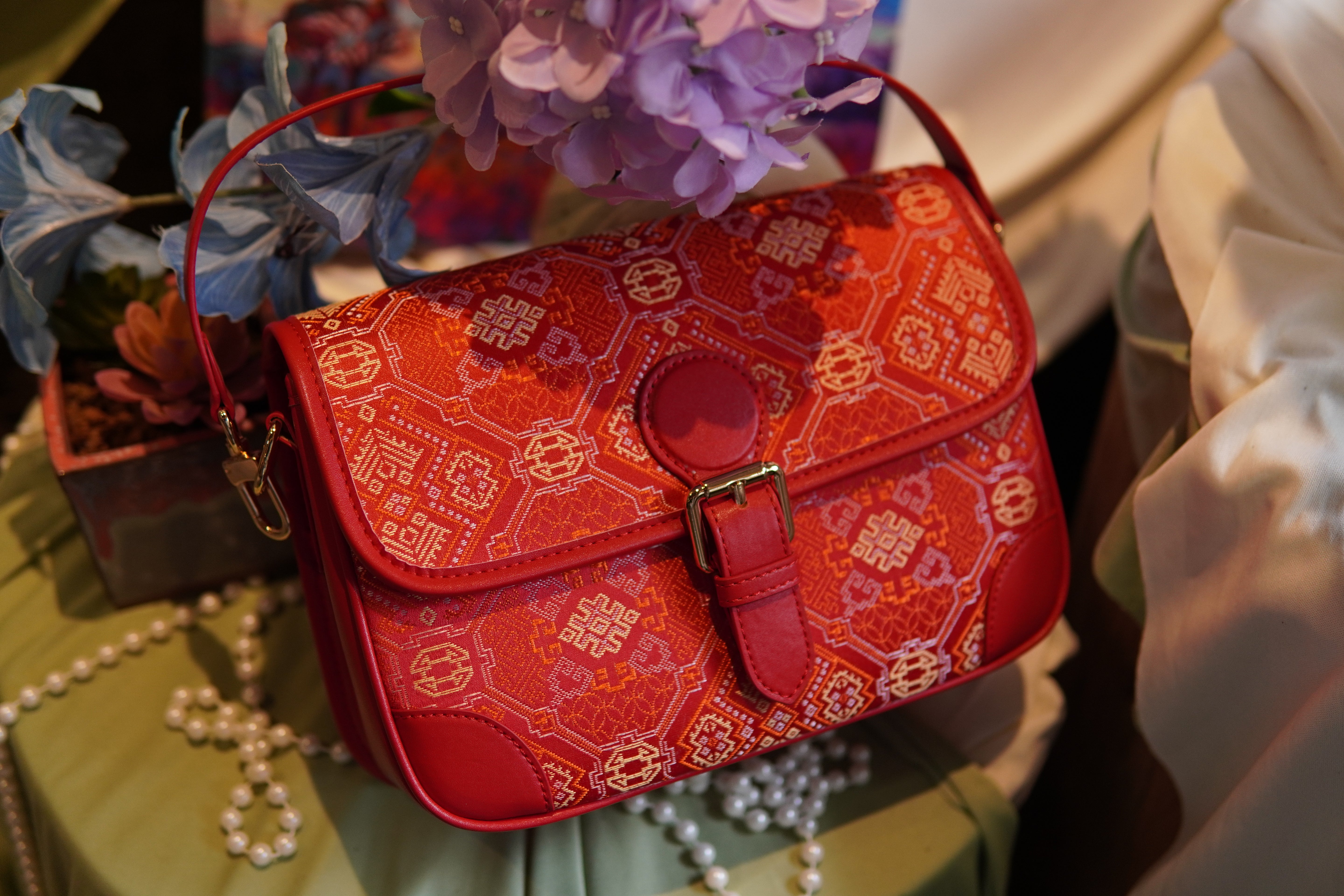 Women's Gold Zhuang Brocade Baguette Bag - model image 8