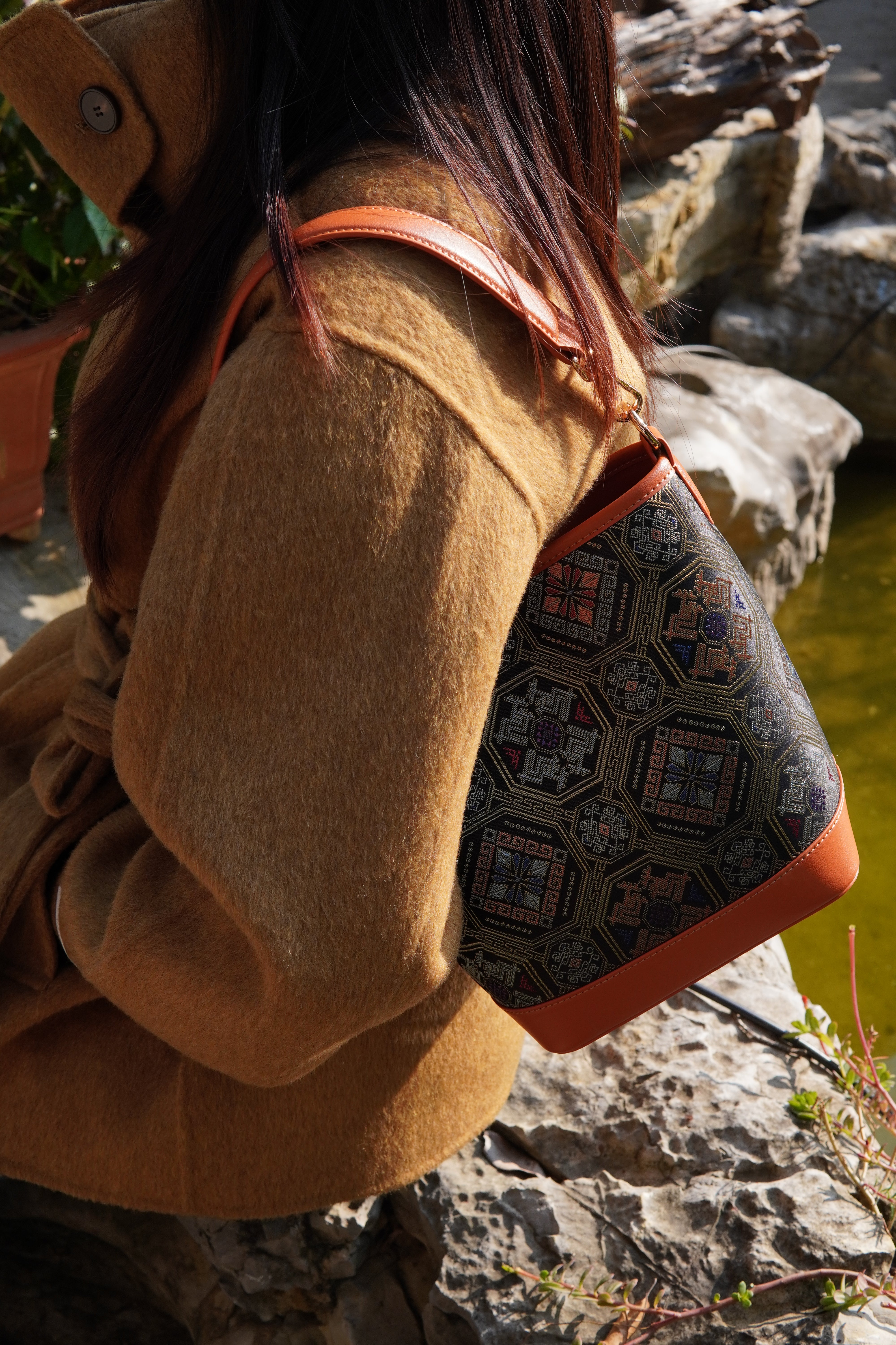 Women's Zhuang Brocade Bucket Bag - model image 3