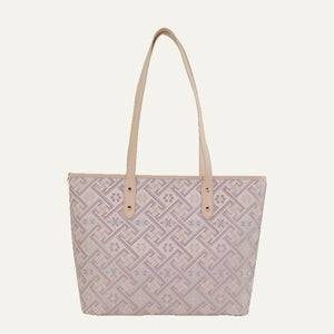 Silver purple Wanjie brocade-inspired carryall tote bag front view