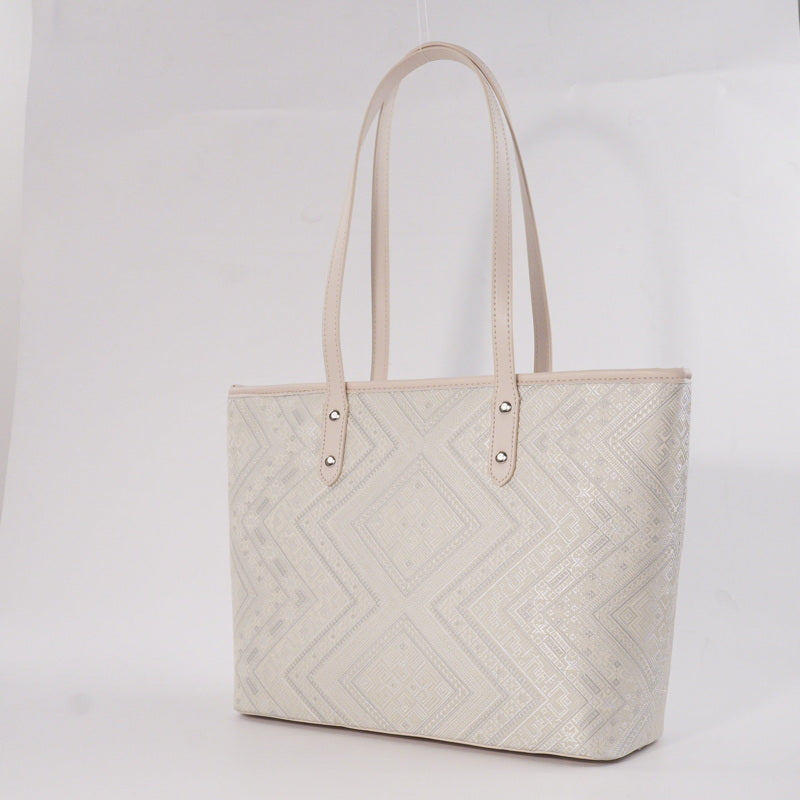 Ivory white geometric brocade-inspired tote bag front hero view