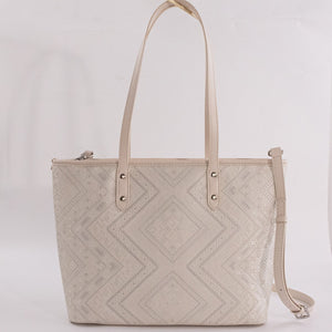 Ivory white geometric brocade-inspired tote bag front view
