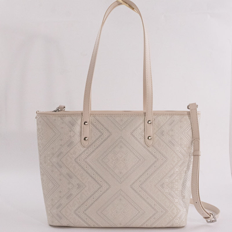 Ivory white geometric brocade-inspired tote bag front view