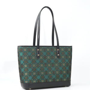 Teal Flying Swallow brocade-inspired tote bag front hero view
