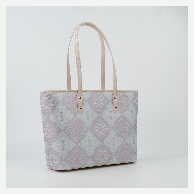 Silver purple Phoenix Flower brocade-inspired tote bag front view