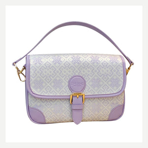 Purple Harvest Song brocade-inspired baguette bag front view