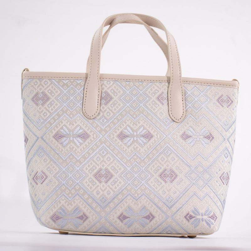 Ivory silver feather brocade-inspired mini crossbody bag front view