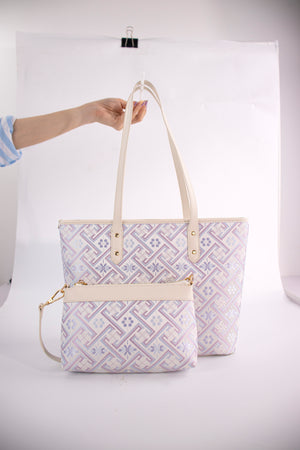 Large silver purple Wanjie Zhuang brocade tote front view