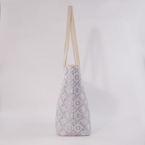 Side profile of the silver purple Wanjie Zhuang brocade tote