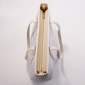 Top zipper and strap detail of the silver purple Zhuang brocade tote