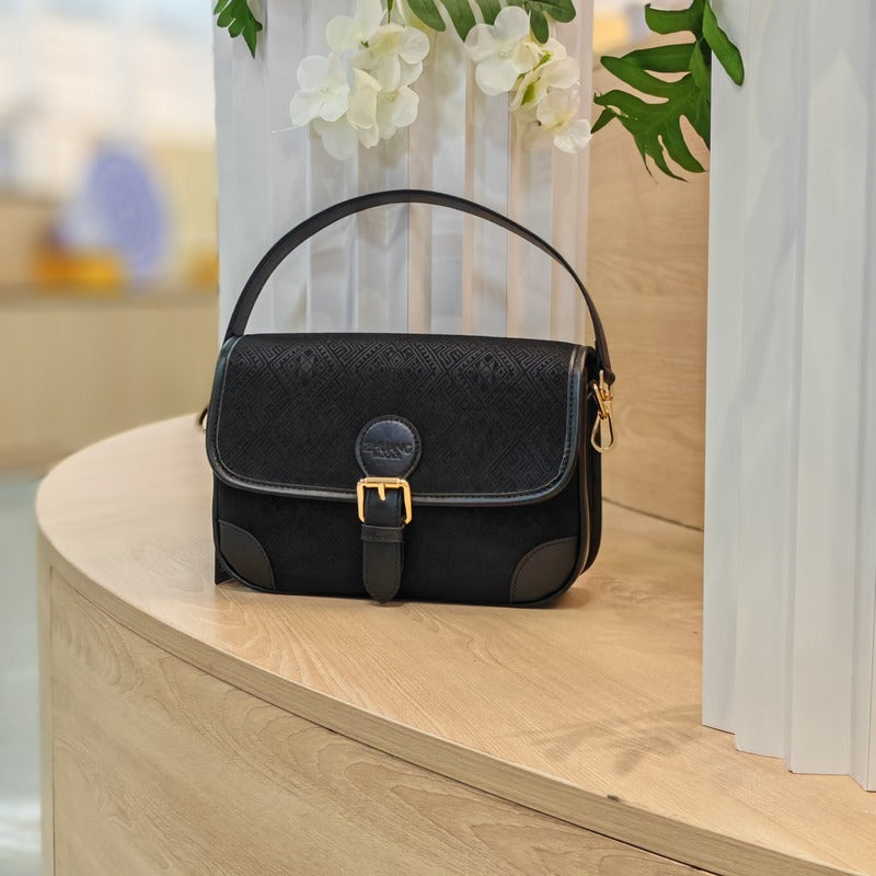 Black brocade baguette bag detail