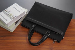 Black brocade briefcase in lifestyle scene
