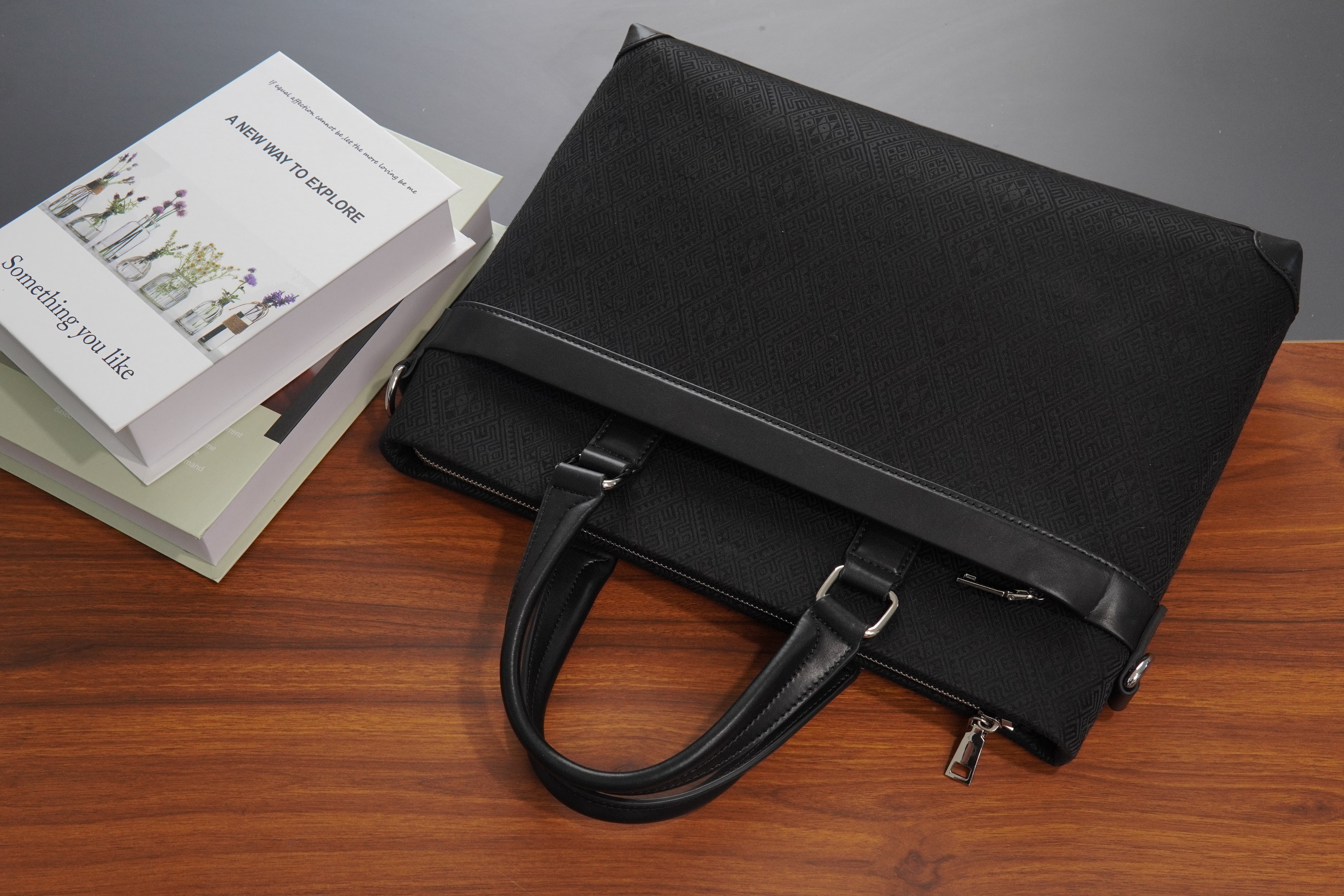 Black brocade briefcase in lifestyle scene